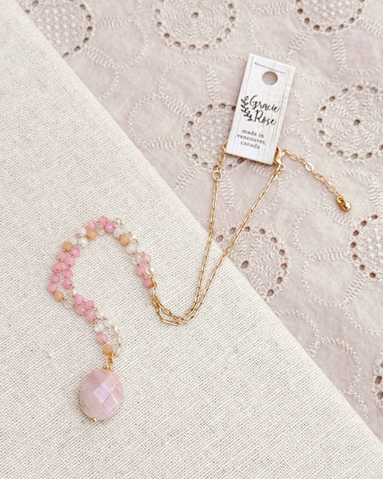 Rose Quartz Pendant Necklace with Blush Beaded Chain