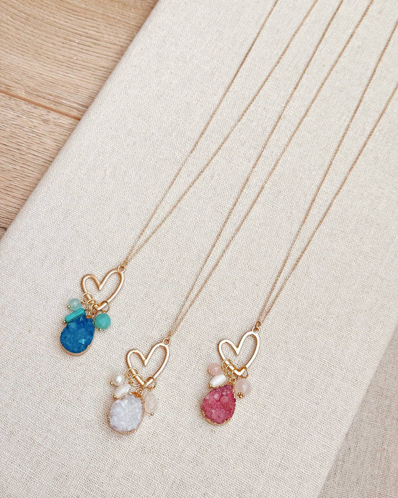 Colorful Druzy Quartz Cluster Heart Pendant Necklace