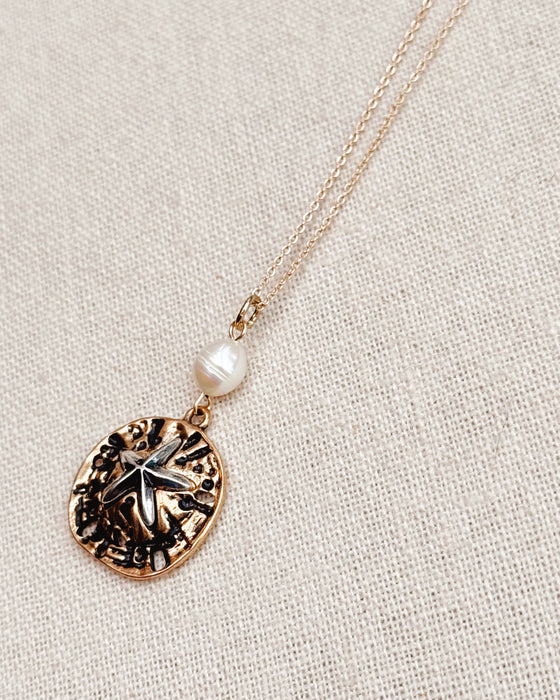 Gold Pearl Sand Dollar Beach Pendant Necklace