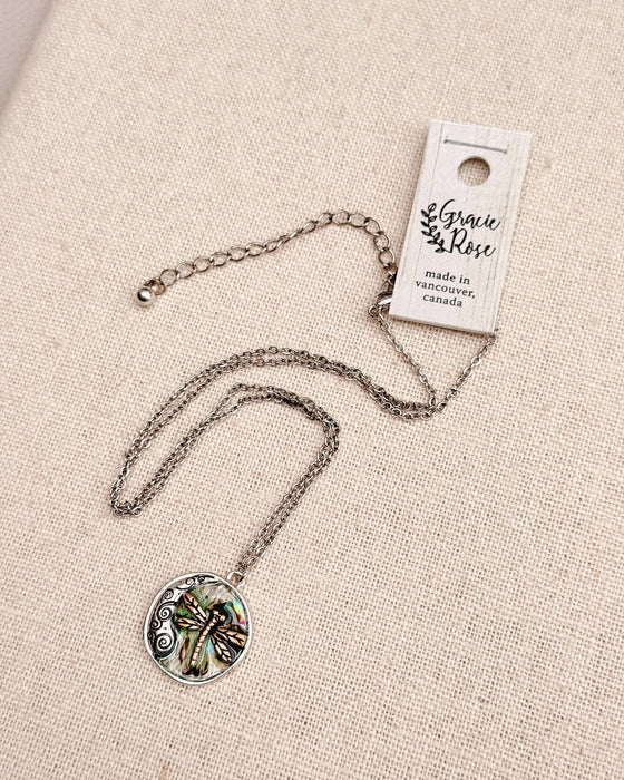 Dragonfly Abalone Charm Medallion Necklace