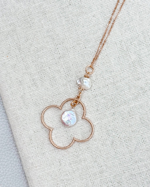 Matte Gold Keshi Freshwater Pearls Clover Pendant Necklace