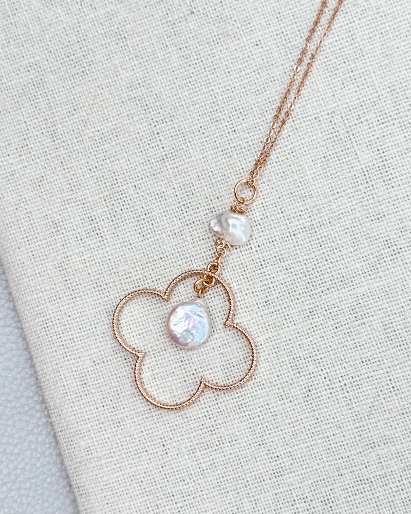 Matte Gold Keshi Freshwater Pearls Clover Pendant Necklace