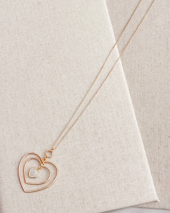 Gold White Quartz Double Heart Necklace