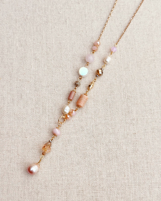 Gold & Multicolor Pearl Beaded Y Necklace