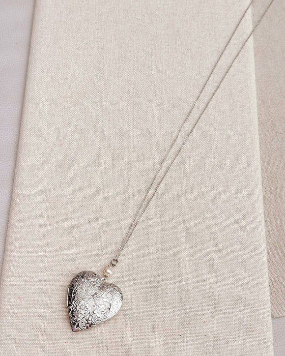 Large Silver Heart Locket Freshwater Pearl Necklace