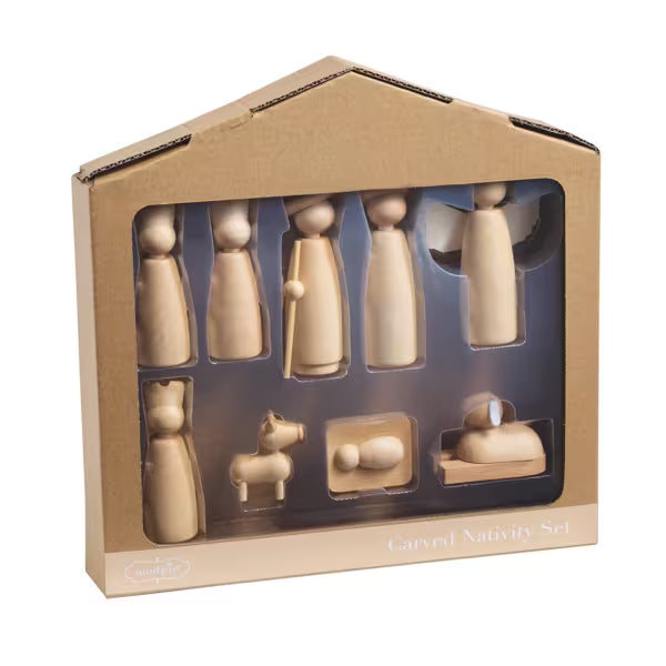 CARVED WOOD BOXED NATIVITY SET