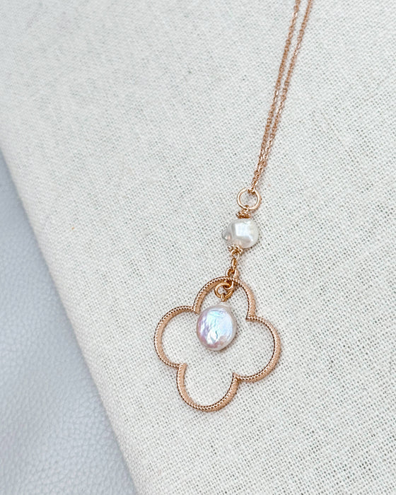 Matte Gold Keshi Freshwater Pearls Clover Pendant Necklace