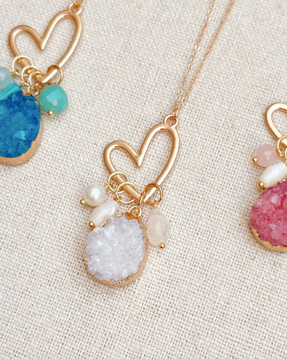 Colorful Druzy Quartz Cluster Heart Pendant Necklace
