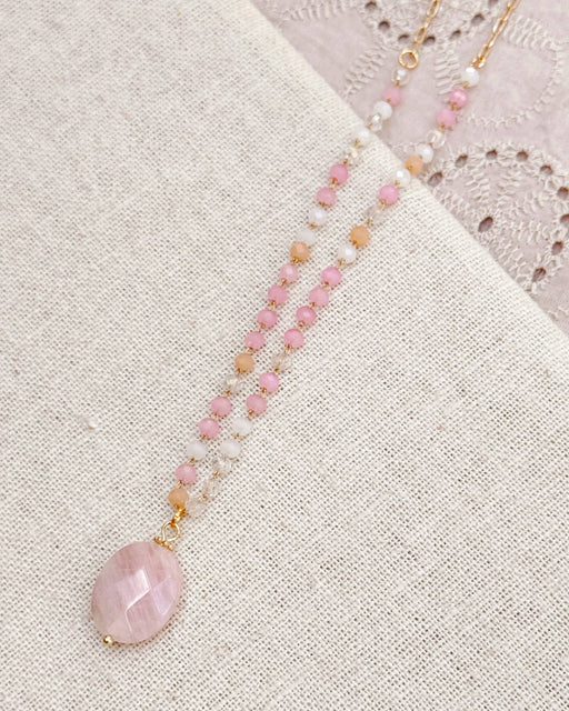Rose Quartz Pendant Necklace with Blush Beaded Chain