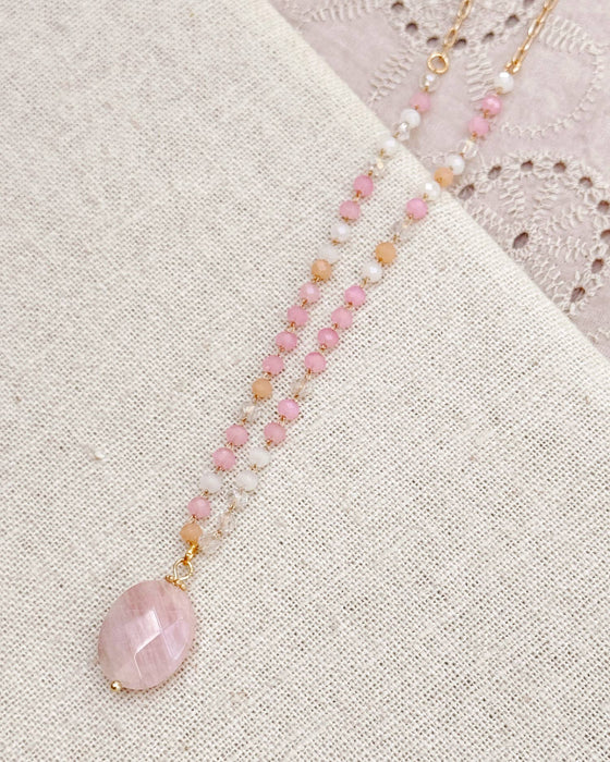 Rose Quartz Pendant Necklace with Blush Beaded Chain