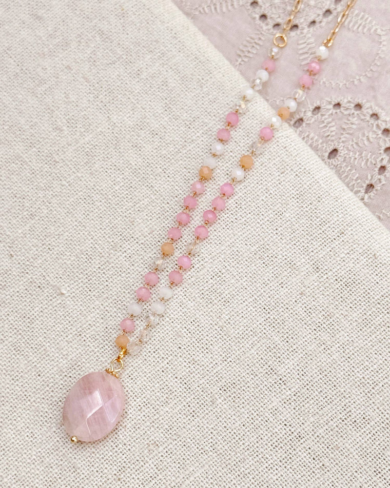 Rose Quartz Pendant Necklace with Blush Beaded Chain