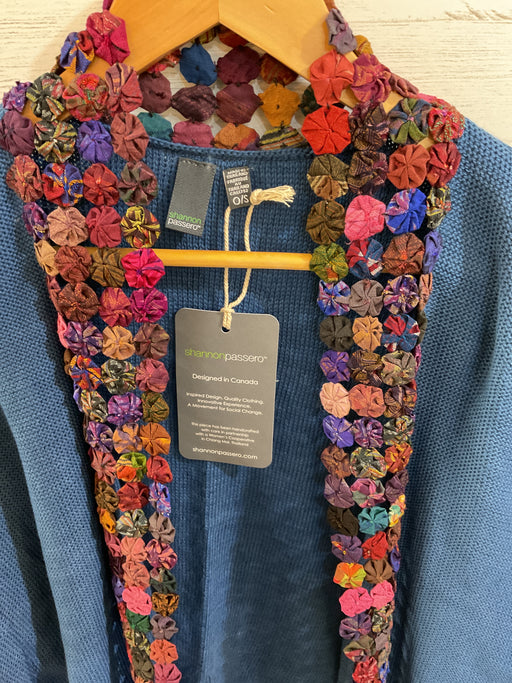 Lockport cardigan Indigo with multi coloured trim