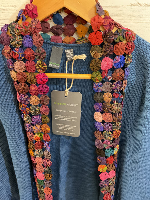 Lockport cardigan Indigo with multi coloured trim