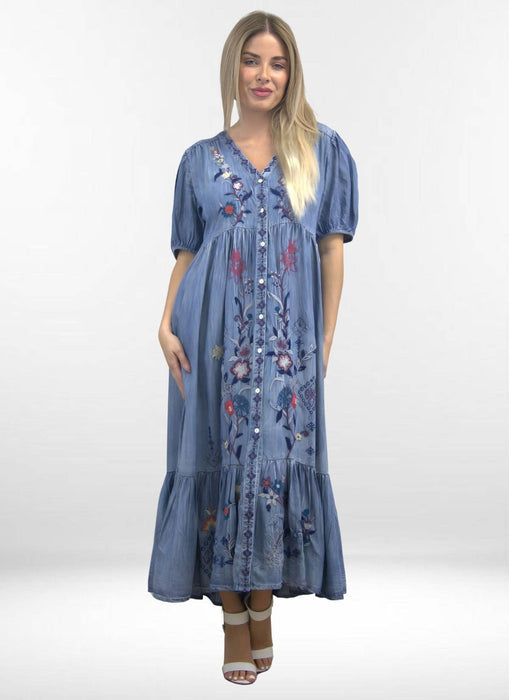 WILLOW DRESS | Embroidered Tiered Maxi Dress in Rayon Tencel