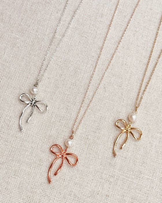 Bow Pearl Pendant Necklace – Gold, Rose Gold & Silver