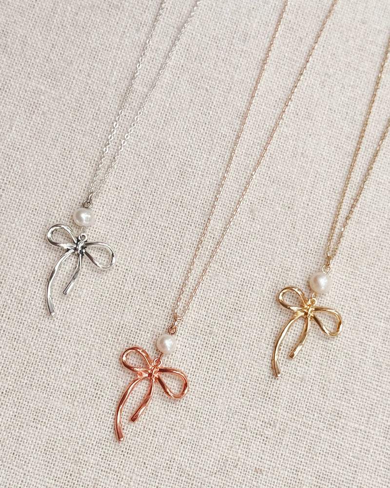 Bow Pearl Pendant Necklace – Gold, Rose Gold & Silver