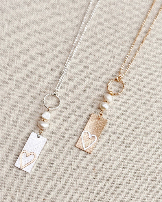 Two Tone Gold & Silver Pearl Heart Tag Necklace