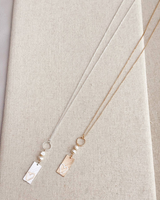 Two Tone Gold & Silver Pearl Heart Tag Necklace