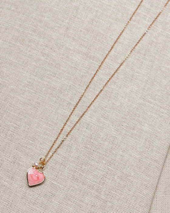 Pink Love Heart & Pearl Charm Necklace