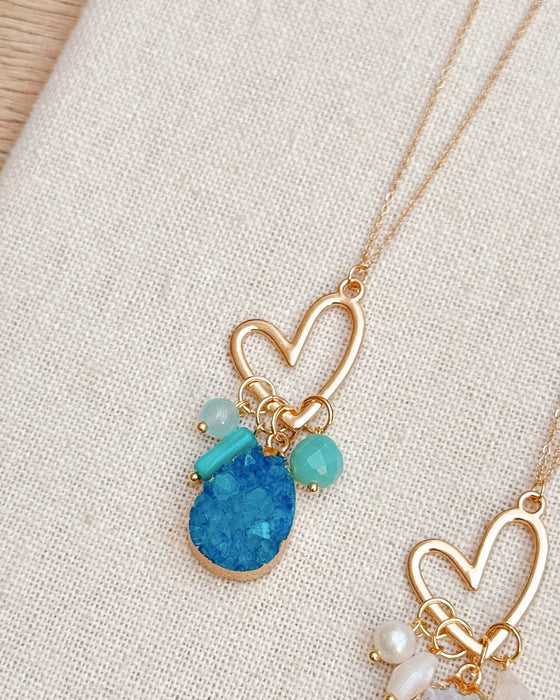 Colorful Druzy Quartz Cluster Heart Pendant Necklace