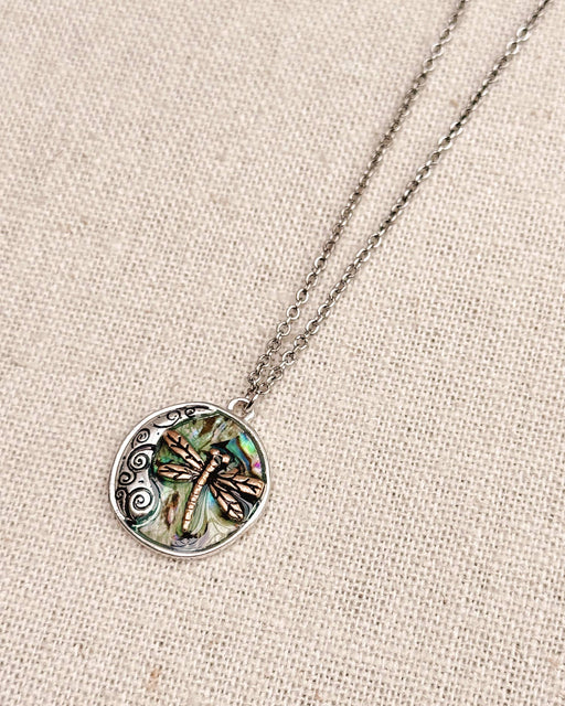 Dragonfly Abalone Charm Medallion Necklace