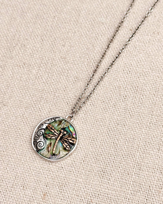 Dragonfly Abalone Charm Medallion Necklace