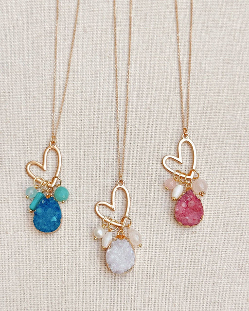 Colorful Druzy Quartz Cluster Heart Pendant Necklace