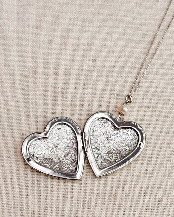 Large Silver Heart Locket Freshwater Pearl Necklace