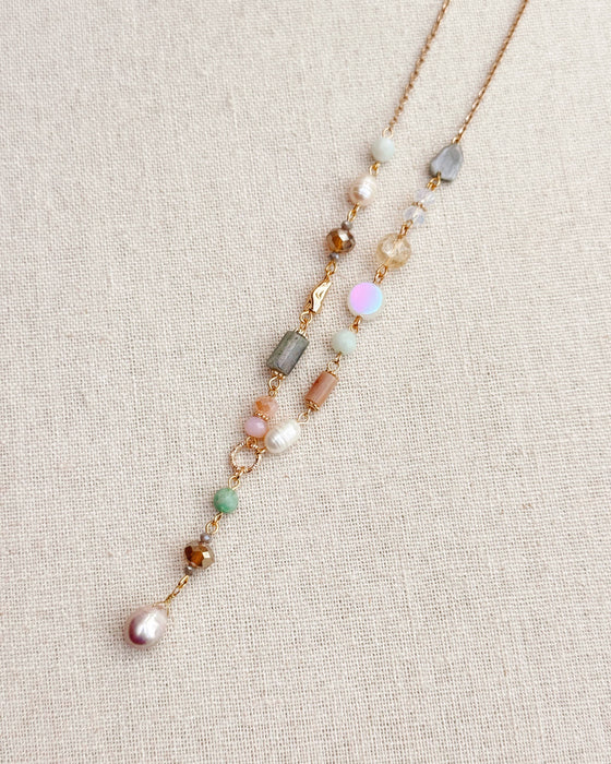 Gold & Multicolor Pearl Beaded Y Necklace