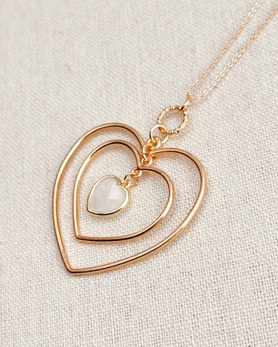Gold White Quartz Double Heart Necklace