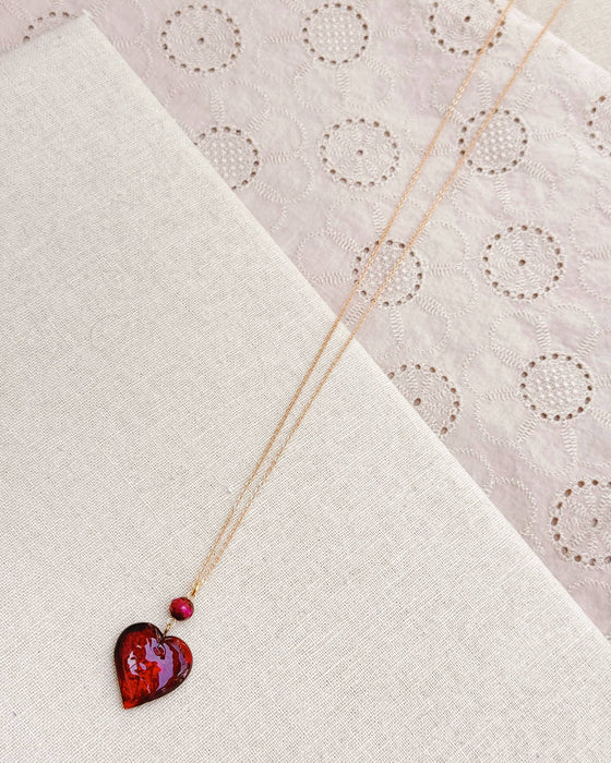 Medium Murano Glass Ruby Red Heart Necklace with Gold Chain