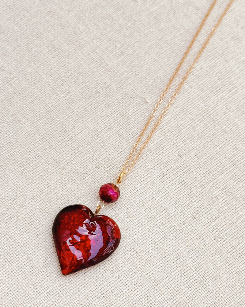 Medium Murano Glass Ruby Red Heart Necklace with Gold Chain