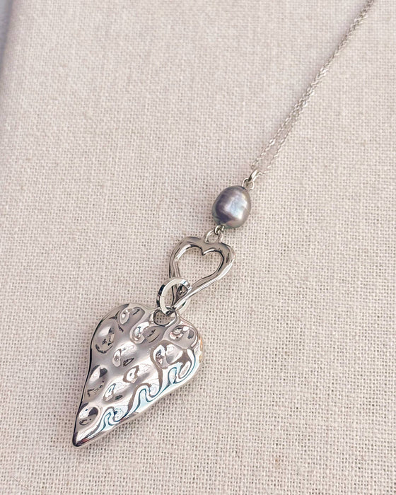 Silver Double-Side Heart Necklace – Freshwater Pearl & Resin