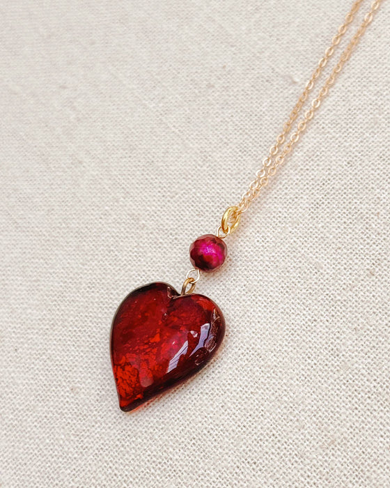 Medium Murano Glass Ruby Red Heart Necklace with Gold Chain