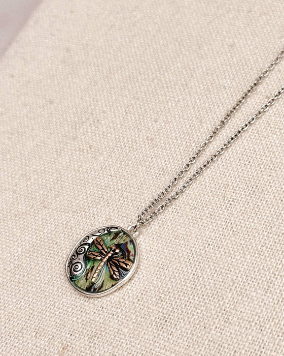 Dragonfly Abalone Charm Medallion Necklace