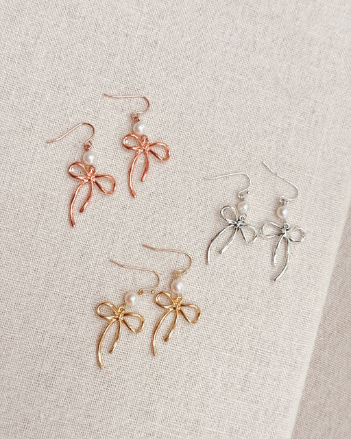 Bow Pearl Drop Earrings – Gold, Rose Gold & Silver