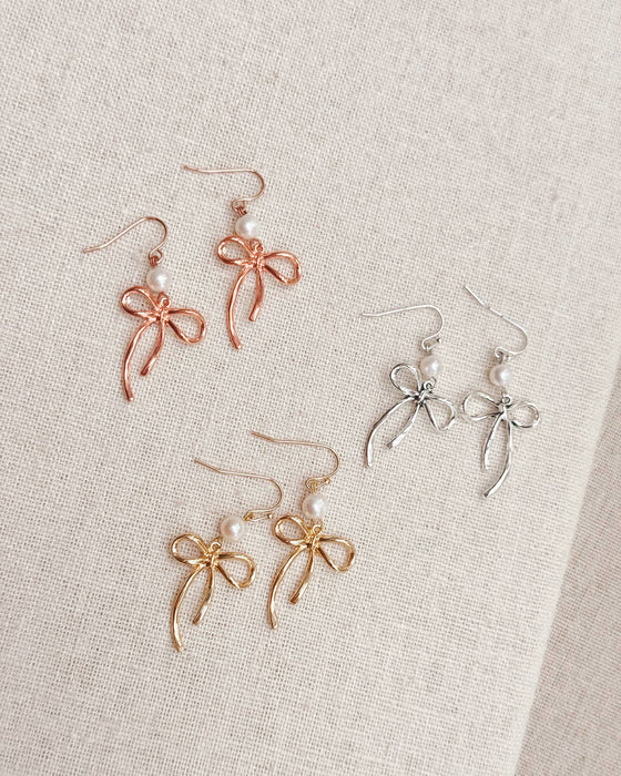 Bow Pearl Drop Earrings – Gold, Rose Gold & Silver