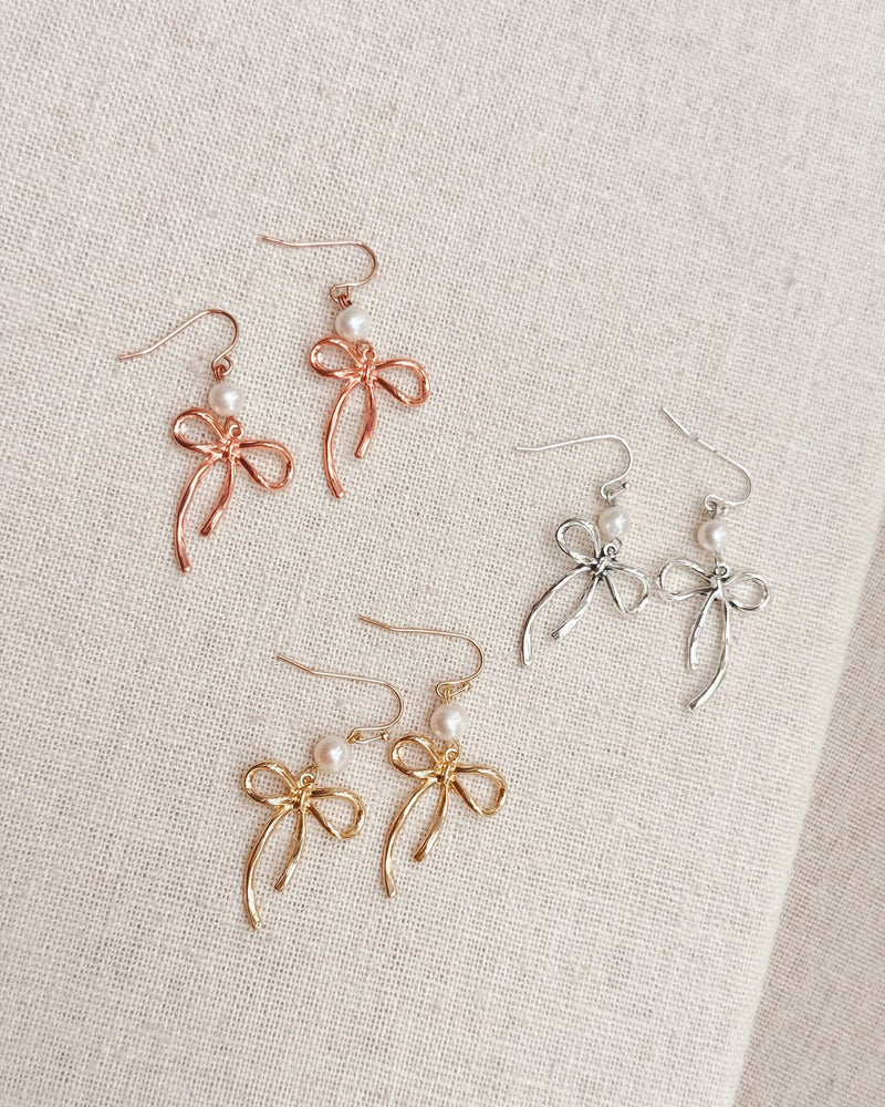 Bow Pearl Drop Earrings – Gold, Rose Gold & Silver