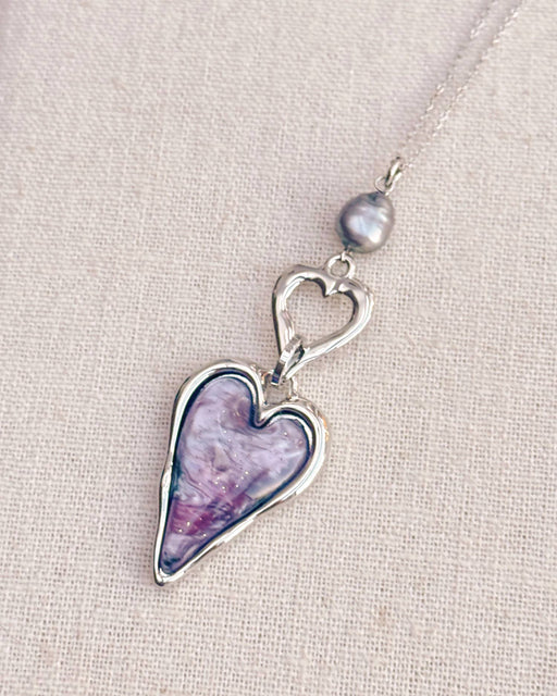 Silver Double-Side Heart Necklace – Freshwater Pearl & Resin