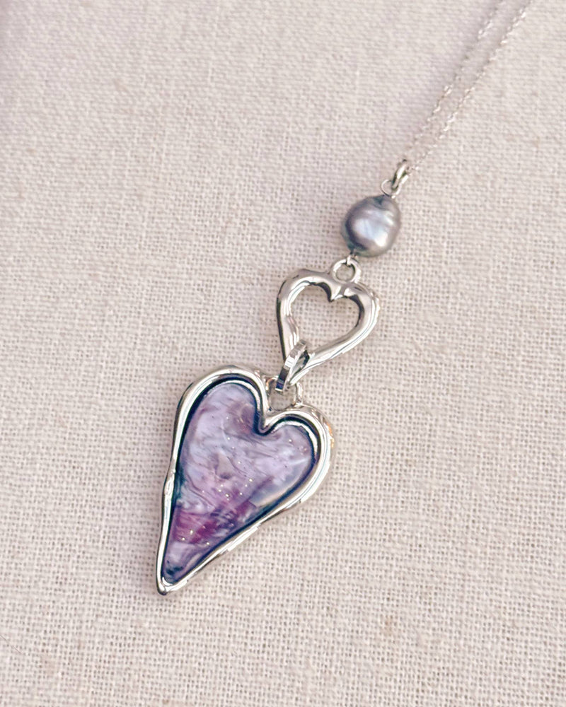 Silver Double-Side Heart Necklace – Freshwater Pearl & Resin