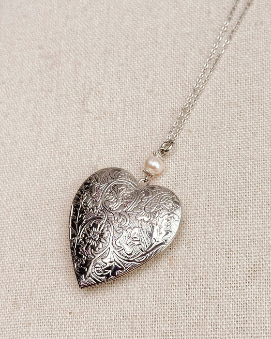 Large Silver Heart Locket Freshwater Pearl Necklace