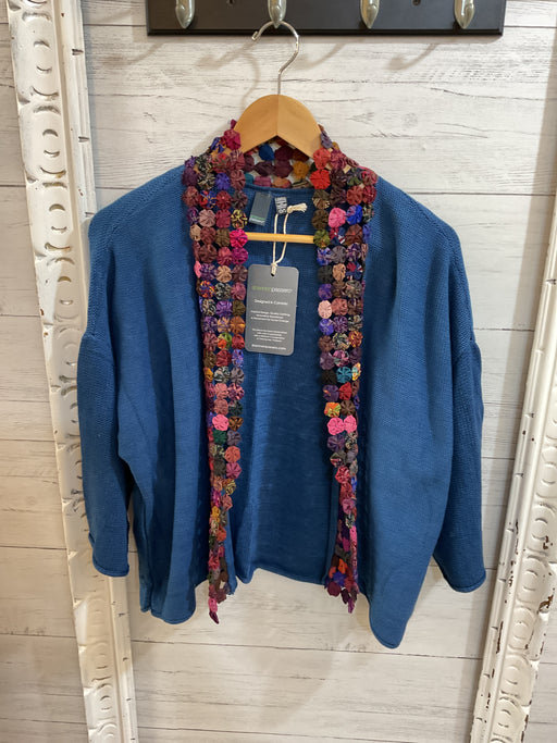 Lockport cardigan Indigo with multi coloured trim