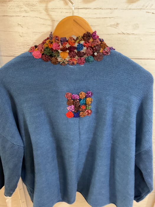 Lockport cardigan Indigo with multi coloured trim