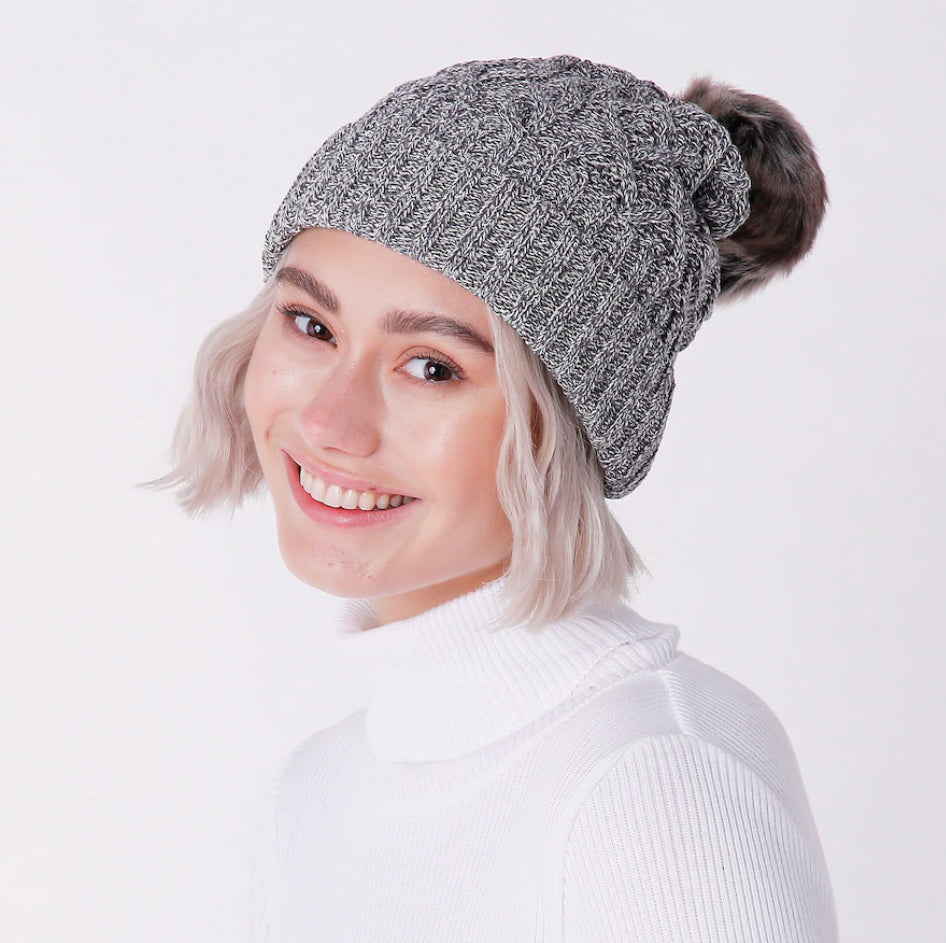Cable Hat with Faux fur Pom