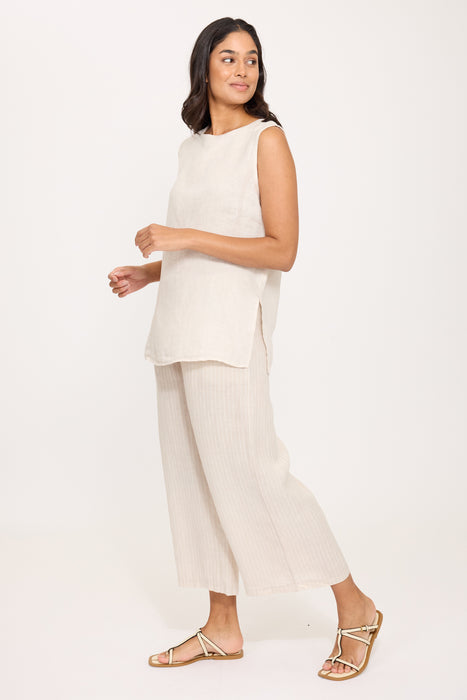 Linen Crew Neck Top with Side Slits 0365