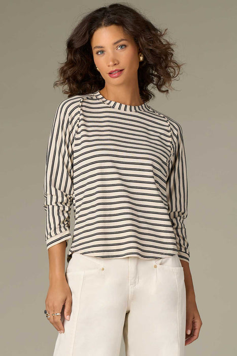 Three Quarter French Raglan Sleeve Crew Neck Striped Knit Top