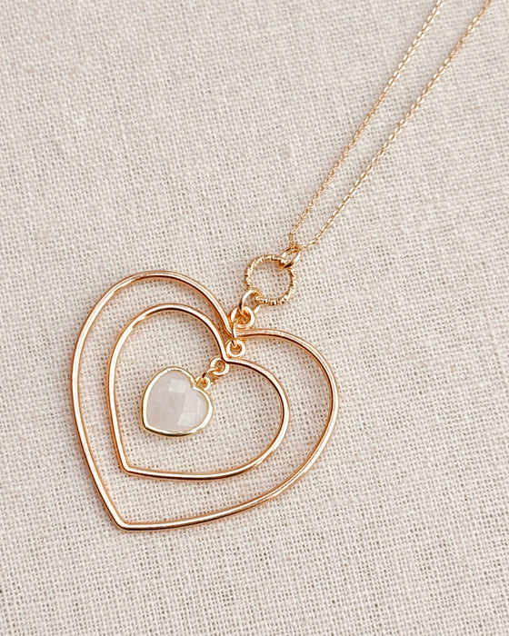 Gold White Quartz Double Heart Necklace