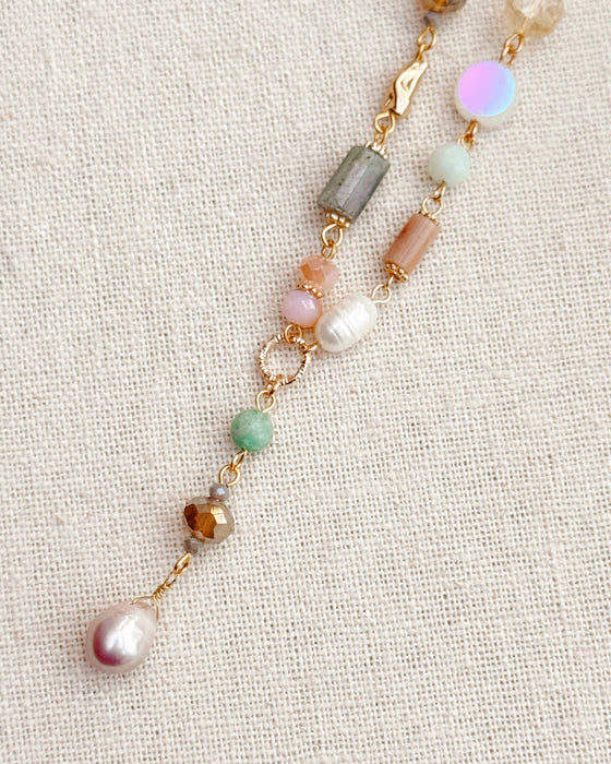 Gold & Multicolor Pearl Beaded Y Necklace