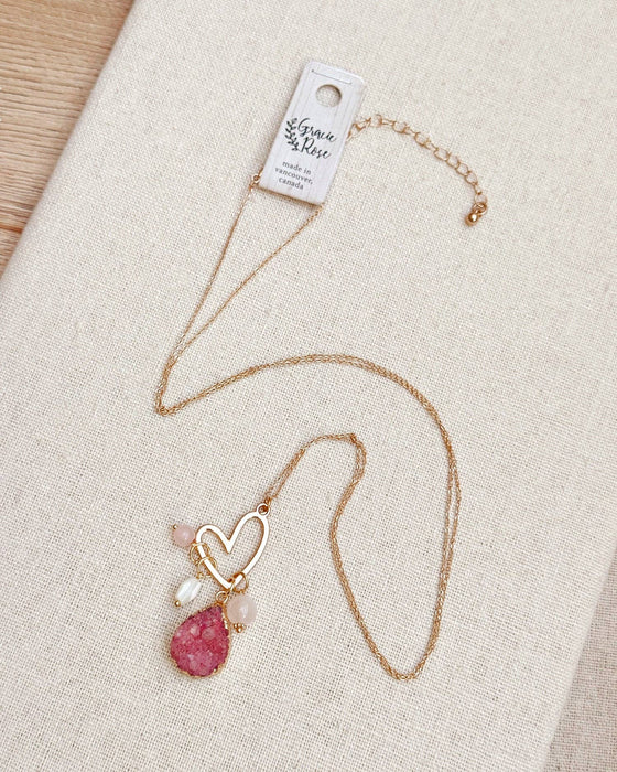 Colorful Druzy Quartz Cluster Heart Pendant Necklace