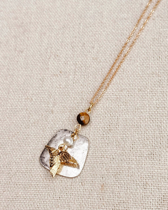 Tiger’s Eye Freshwater Pearl Hummingbird Necklace